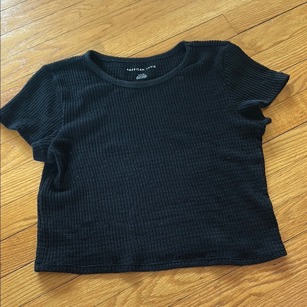 American Eagle Black Ribbed Crop T-Shirt